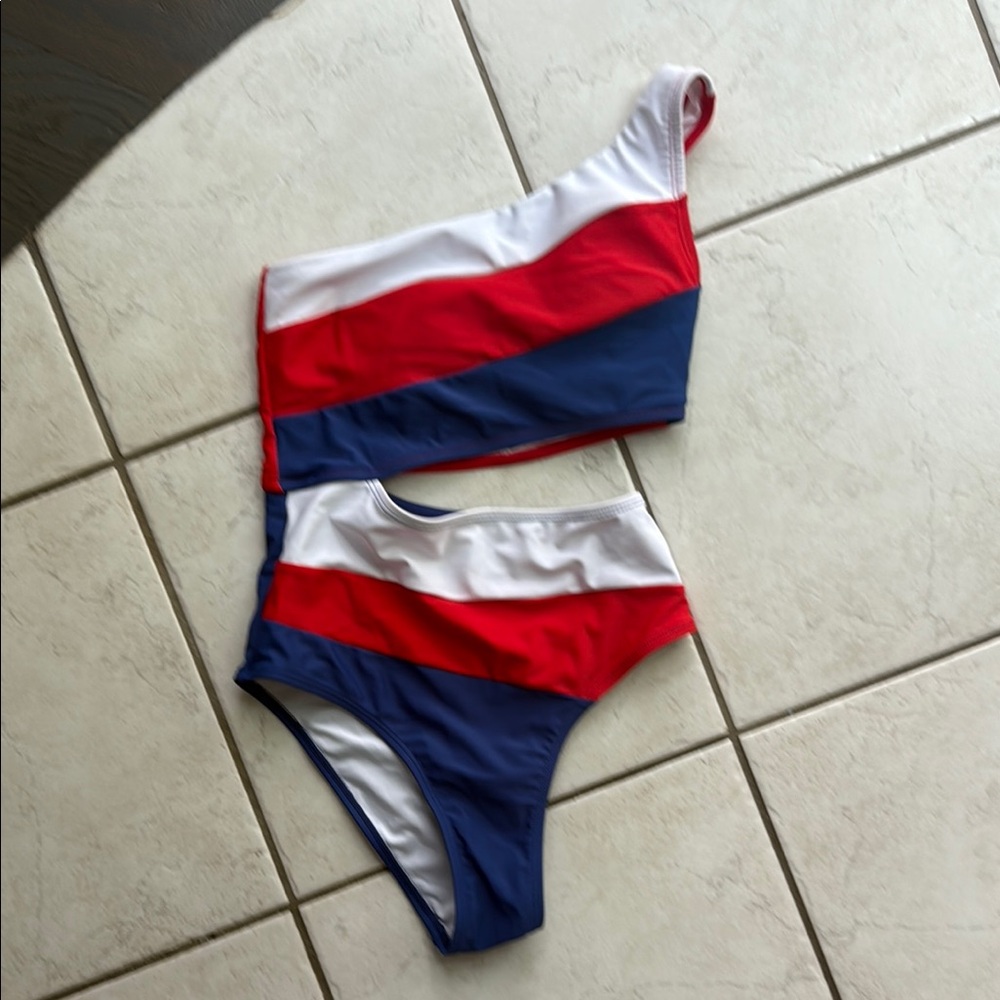 Cupshe Red, White, and Blue One-Shoulder Swim One Piece